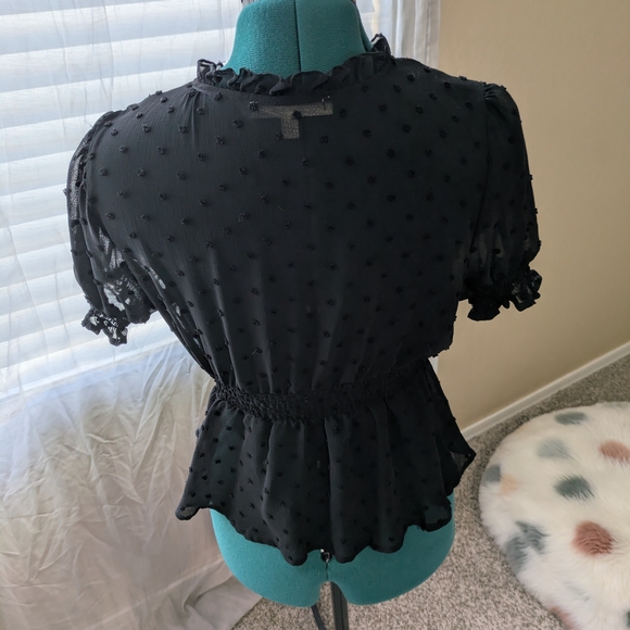 Office Siren Black Polkadot Ruffled Sheer Blouse - Picture 5 of 5